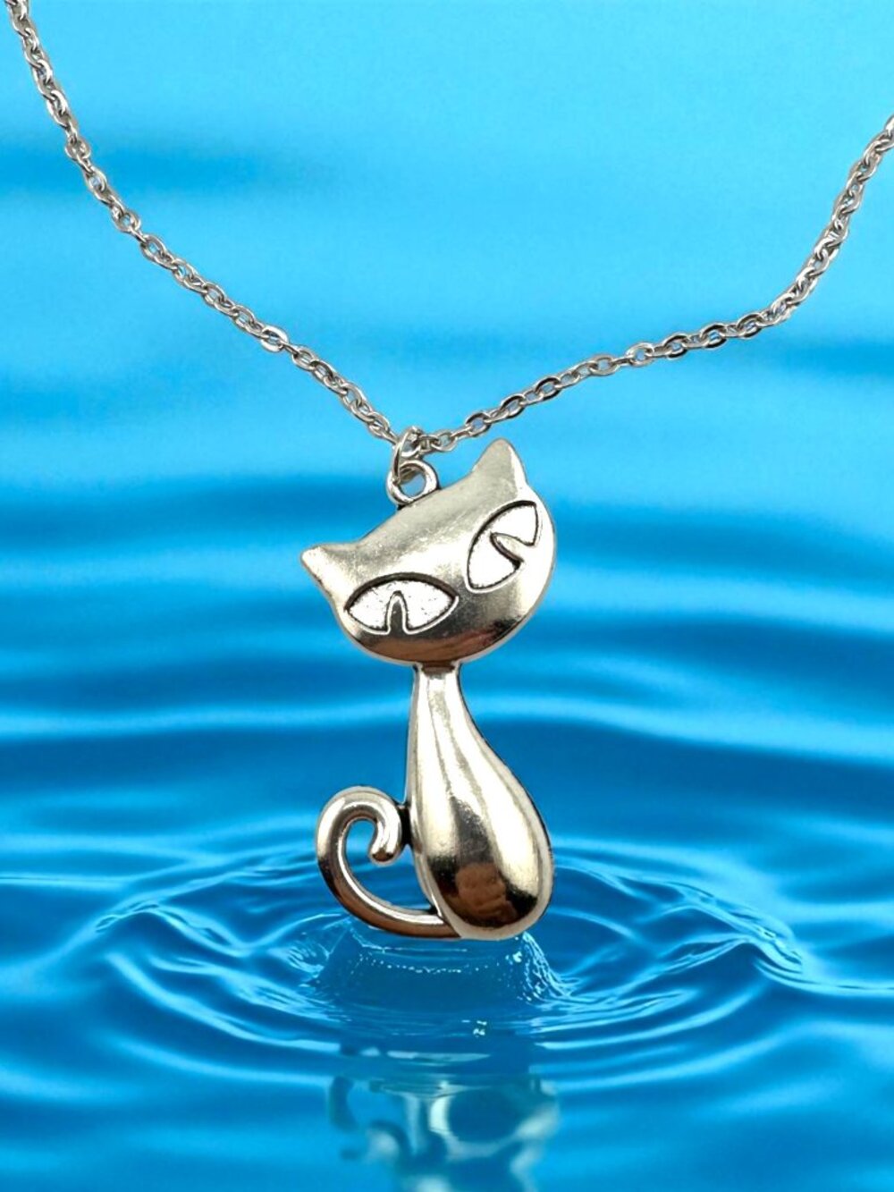 Silver Cat Necklace Stainless Steel Whimsical Retro Feline Pendant 18" NWT